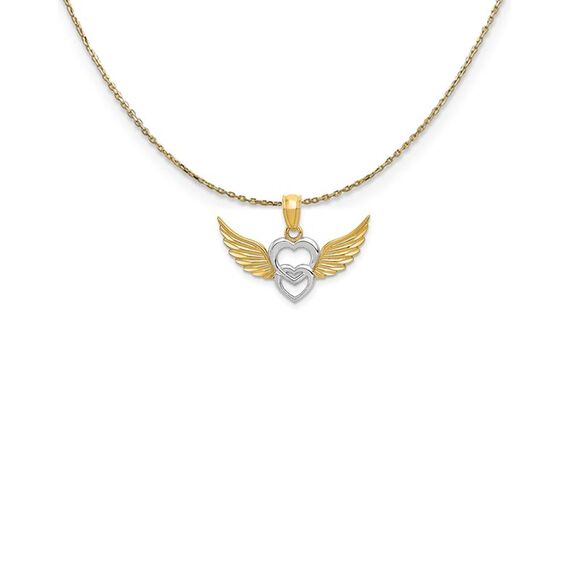 14k Yellow Gold & Rhodium Double Winged Hearts Necklace - 24 Inch